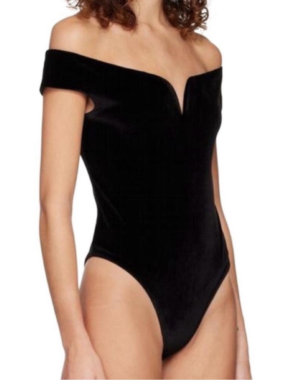 Nanushka Gesa Black Off-the-Shoulder Velvet V-Notch Bodysuit